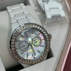 Women's 42mm White Stainless Steel Guess Watch, MOP Face, WR to 100M, G13552L